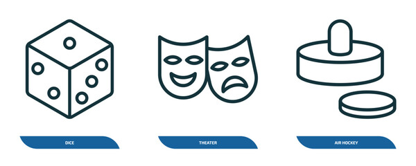 Poster - set of 3 linear icons from arcade concept. outline icons such as dice, theater, air hockey vector