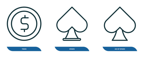Poster - set of 3 linear icons from arcade concept. outline icons such as token, spades, ace of spades vector