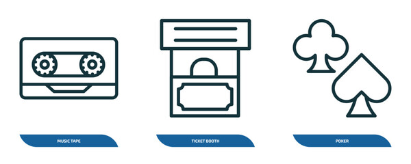 Poster - set of 3 linear icons from arcade concept. outline icons such as music tape, ticket booth, poker vector