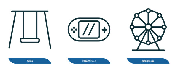 Poster - set of 3 linear icons from arcade concept. outline icons such as swing, video console, ferris wheel vector