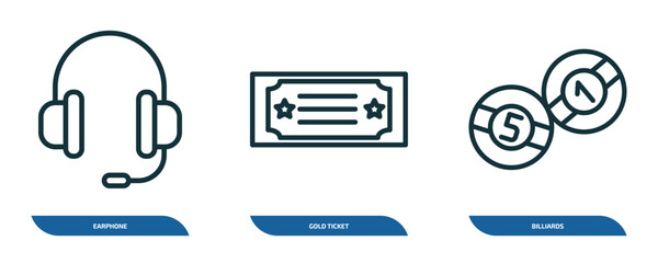 Poster - set of 3 linear icons from arcade concept. outline icons such as earphone, gold ticket, billiards ve