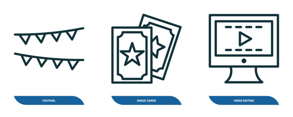 Poster - set of 3 linear icons from arcade concept. outline icons such as festival, magic cards, video editing vector