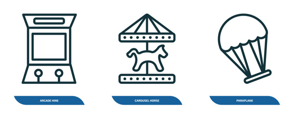 Poster - set of 3 linear icons from arcade concept. outline icons such as arcade hine, carousel horse, paraplane vector