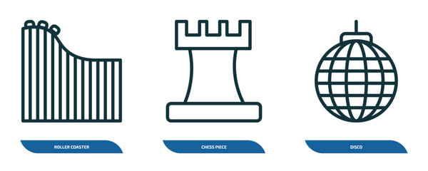 Poster - set of 3 linear icons from arcade concept. outline icons such as roller coaster, chess piece, disco vector