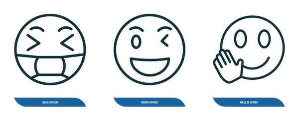 Poster - set of 3 linear icons from emoji concept. outline icons such as sick emoji, wink emoji, hello vector