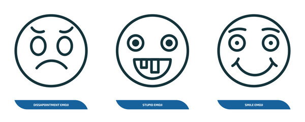 Poster - set of 3 linear icons from emoji concept. outline icons such as dissapointment emoji, stupid emoji, smile vector