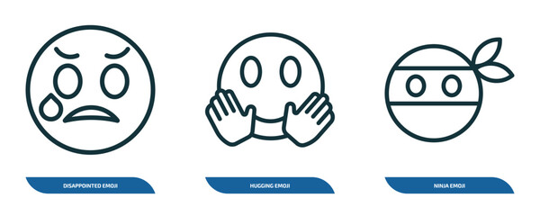 Poster - set of 3 linear icons from emoji concept. outline icons such as disappointed emoji, hugging emoji, ninja vector