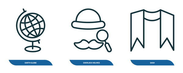 Poster - set of 3 linear icons from education collection. concept. outline icons such as earth globe, sherlock holmes, sash vector