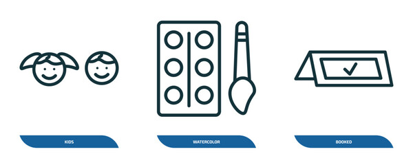 Poster - set of 3 linear icons from education concept. outline icons such as kids, watercolor, booked vector