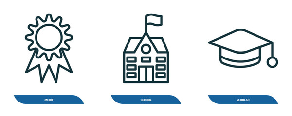 Fototapete - set of 3 linear icons from education concept. outline icons such as merit, school, scholar vector