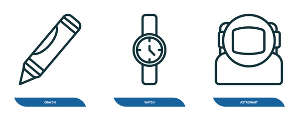 Poster - set of 3 linear icons from education concept. outline icons such as crayon, watch, astronaut vector