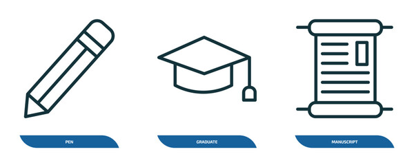 Poster - set of 3 linear icons from education concept. outline icons such as pen, graduate, manuscript vector