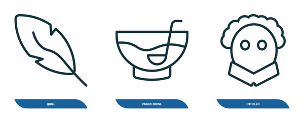 Poster - set of 3 linear icons from education concept. outline icons such as quill, punch bowl, othello vector