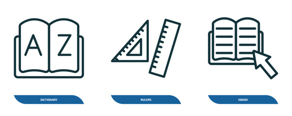 Poster - set of 3 linear icons from education concept. outline icons such as dictionary, rulers, ebook vector