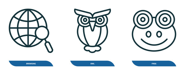 Poster - set of 3 linear icons from education concept. outline icons such as browsing, owl, frog vector