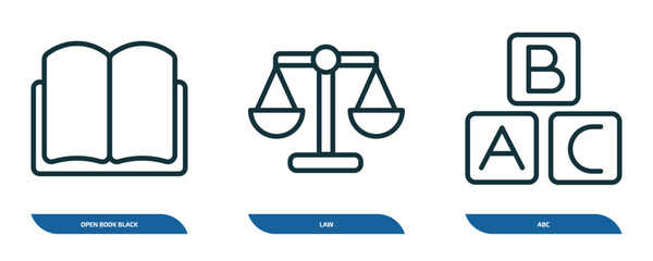 Poster - set of 3 linear icons from education concept. outline icons such as open book black cover, law, abc 