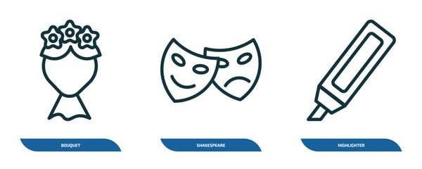 Poster - set of 3 linear icons from education concept. outline icons such as bouquet, shakespeare, highlighter vector