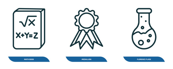 Poster - set of 3 linear icons from education concept. outline icons such as math book, medallion, florence f