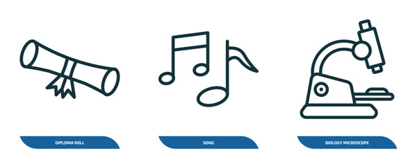Poster - set of 3 linear icons from education concept. outline icons such as diploma roll, song, biology microscope vector