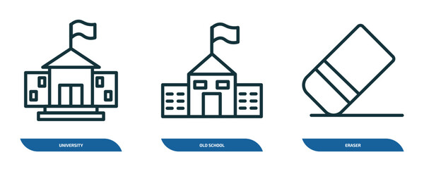 Fototapete - set of 3 linear icons from education concept. outline icons such as university, old school, eraser vector