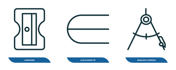 Fototapete - set of 3 linear icons from education concept. outline icons such as sharpener, is an element of, draw with compass vector
