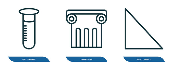 Poster - set of 3 linear icons from education concept. outline icons such as full test tube, greek pillar, right triangle vector