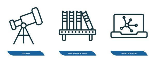 Fototapete - set of 3 linear icons from education concept. outline icons such as telescope, bookshelf with books, science in a laptop vector