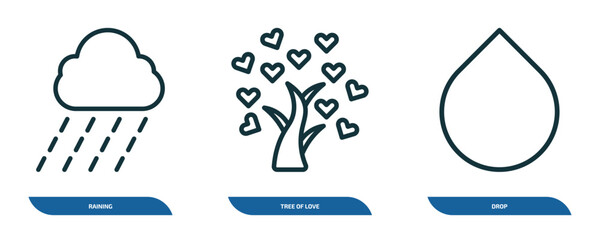 Poster - set of 3 linear icons from ecology concept. outline icons such as raining, tree of love, drop vector
