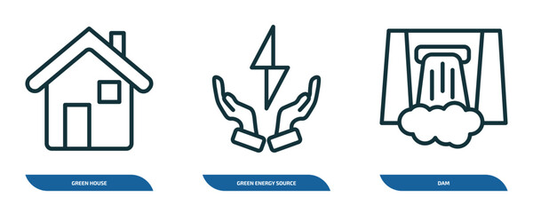 Poster - set of 3 linear icons from ecology concept. outline icons such as green house, green energy source, dam vector