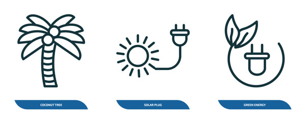 Poster - set of 3 linear icons from ecology concept. outline icons such as coconut tree, solar plug, green energy vector