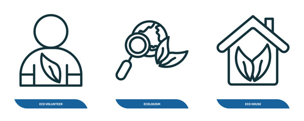Poster - set of 3 linear icons from ecology concept. outline icons such as eco volunteer, ecologism, eco hous