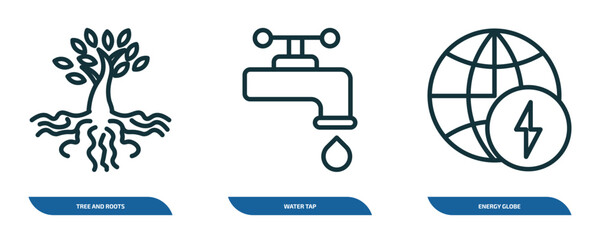 Poster - set of 3 linear icons from ecology concept. outline icons such as tree and roots, water tap, energy globe vector