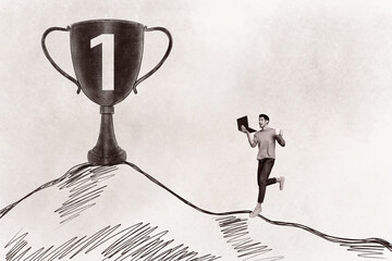 Aufkleber - Sketch image collage of happy guy worker talking video online achieving success cup trophy isolated on painted background