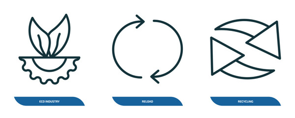 Fototapete - set of 3 linear icons from ecology concept. outline icons such as eco industry, reload, recycling vector