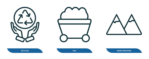 Poster - set of 3 linear icons from ecology concept. outline icons such as recycling, coal, snowy mountains v