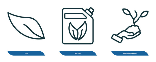 Poster - set of 3 linear icons from ecology concept. outline icons such as eco, bio fuel, plant on a hand vector