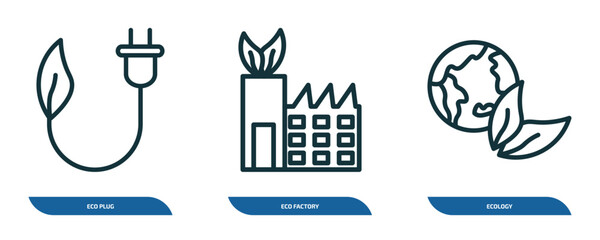 Poster - set of 3 linear icons from ecology concept. outline icons such as eco plug, eco factory, ecology vec