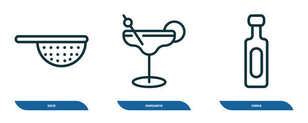 Poster - set of 3 linear icons from drinks concept. outline icons such as sieve, margarita, vodka vector