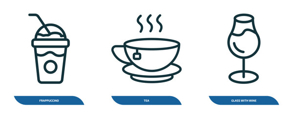 Poster - set of 3 linear icons from drinks concept. outline icons such as frappuccino, tea, glass with wine vector
