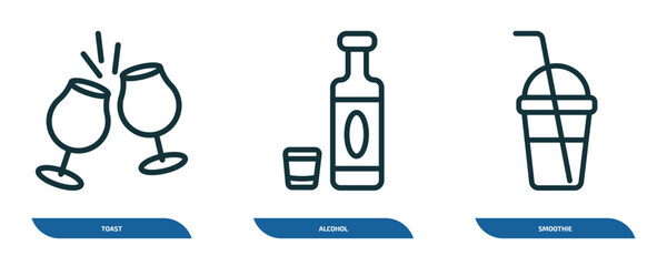 Poster - set of 3 linear icons from drinks concept. outline icons such as toast, alcohol, smoothie vector