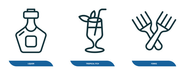 Poster - set of 3 linear icons from drinks concept. outline icons such as liquor, tropical itch, forks vector