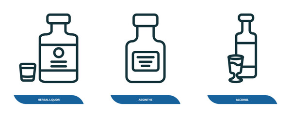 Poster - set of 3 linear icons from drinks concept. outline icons such as herbal liquor, absinthe, alcohol vector
