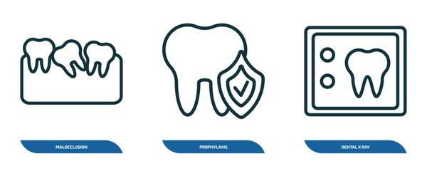 Poster - set of 3 linear icons from dentist concept. outline icons such as malocclusion, prophylaxis, dental x ray vector