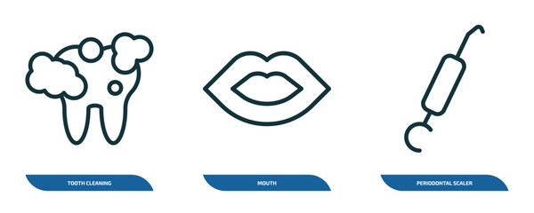 Poster - set of 3 linear icons from dentist concept. outline icons such as tooth cleaning, mouth, periodontal scaler vector