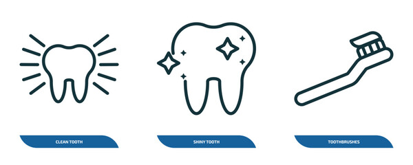 Poster - set of 3 linear icons from dentist concept. outline icons such as clean tooth, shiny tooth, toothbrushes vector
