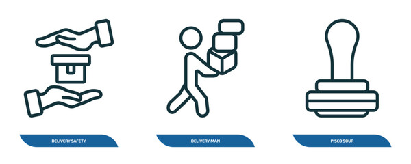 Poster - set of 3 linear icons from drinks concept. outline icons such as delivery safety, delivery man, pisc