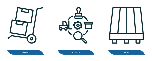 Poster - set of 3 linear icons from delivery and logistic concept. outline icons such as freight, logistics, pallet vector