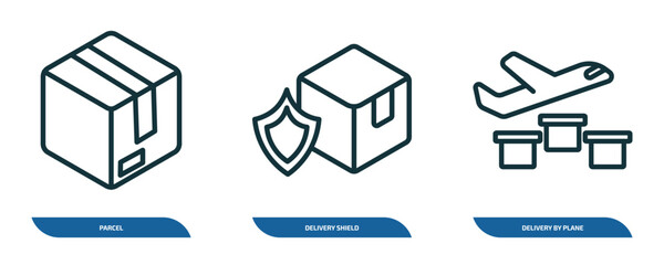 Poster - set of 3 linear icons from delivery and logistic concept. outline icons such as parcel, delivery shield, delivery by plane vector