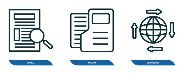 Poster - set of 3 linear icons from delivery and logistic concept. outline icons such as waybill, dossier, distribution vector