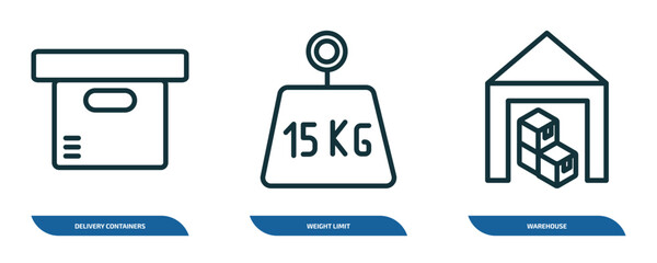 Poster - set of 3 linear icons from delivery and logistic concept. outline icons such as delivery containers, weight limit, warehouse vector